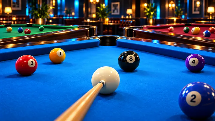 Pool Max mobile 8-ball game screen with a pool table