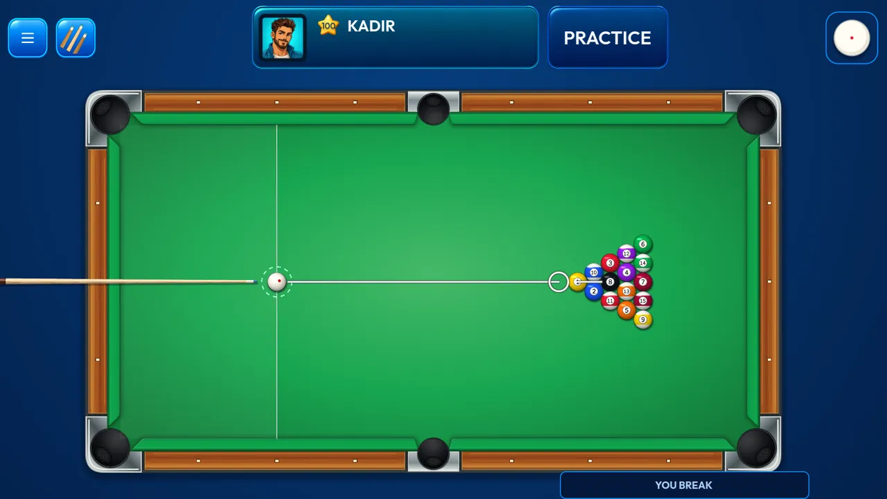 Pool Max practice game showing the pool table, racked balls, cue ball, cue stick, and aiming guide.