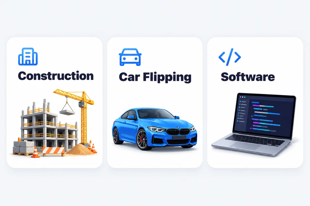 The Investor game cards for construction, car flipping, and software businesses