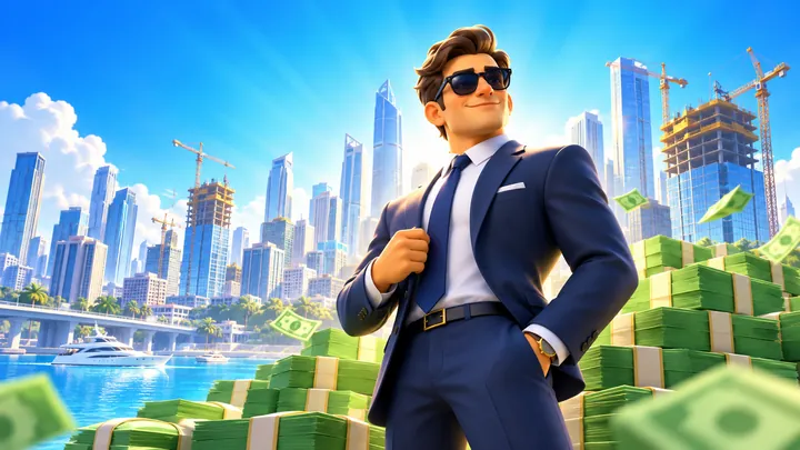 Illustrated business tycoon game hero with a suited character, city, and virtual cash